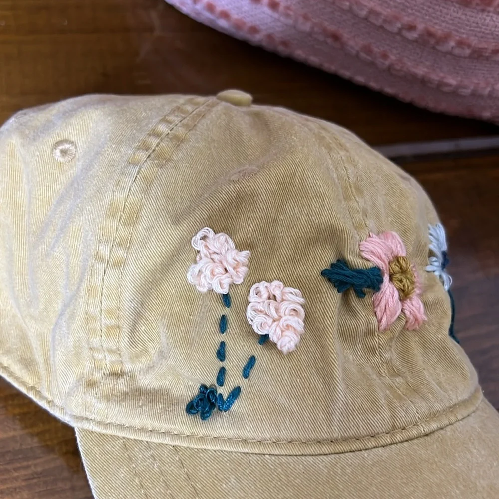 Hand Embroidered Floral Mustard Yellow‎ Ball Cap- OS